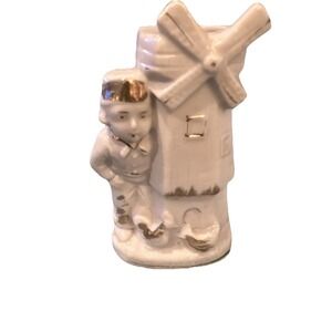 Vintage Small Ceramic Vase Dutch Boy Windmills White & Gold Japan